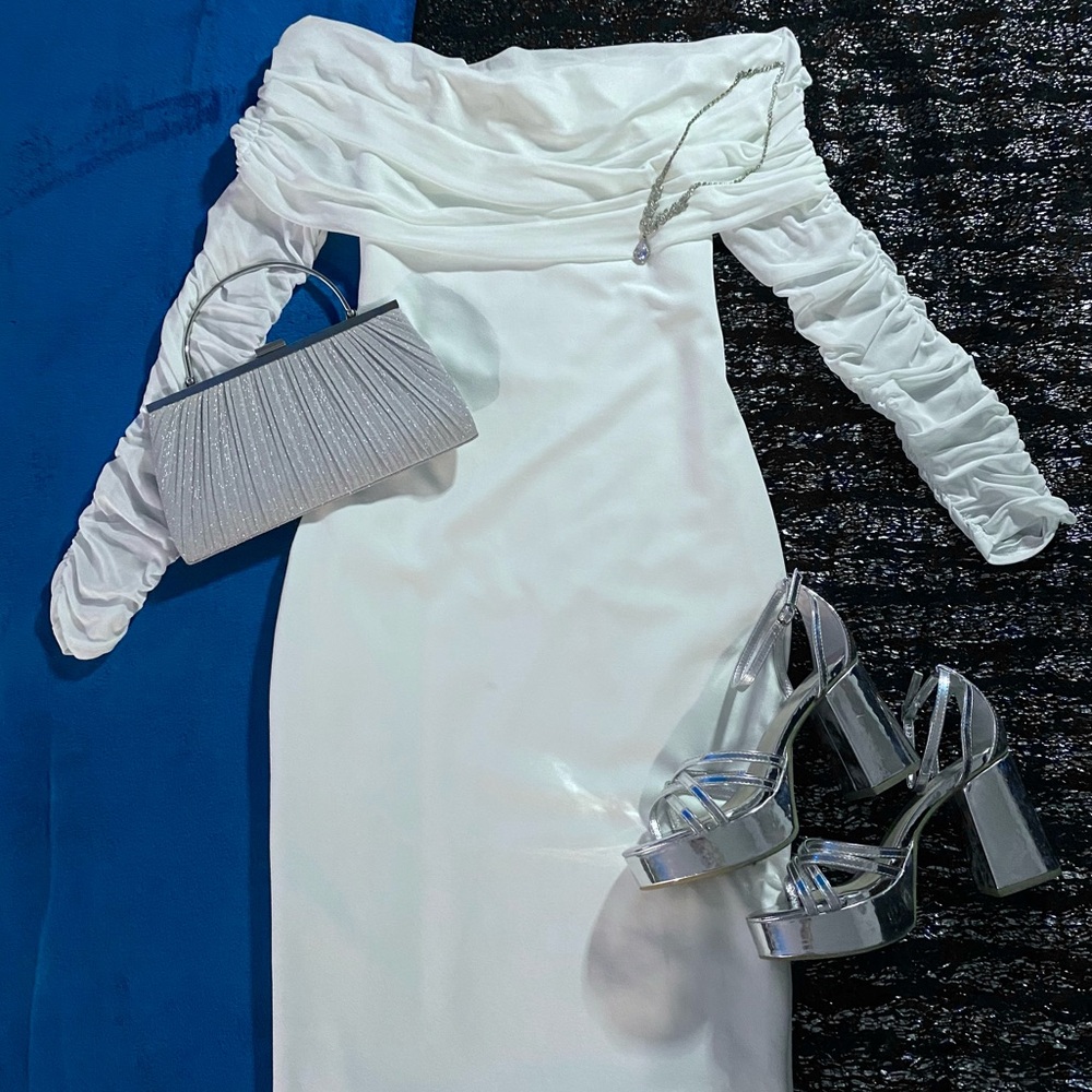 White off-the-shoulder midi dress with ruching details and stretchy fabric